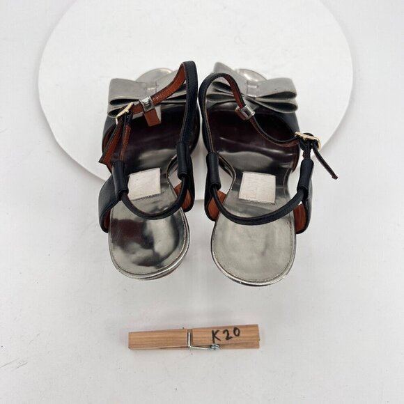 Lanvin Women Size EU 37 US 7 Black Silver Bow T Strap Platform Cone Heel Sandal - Picture 14 of 15